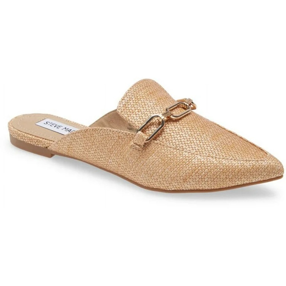 Steve Madden Faraway Raffia‎ Natural Slides Slip On Gold 7.5 Tan Pointed Toe